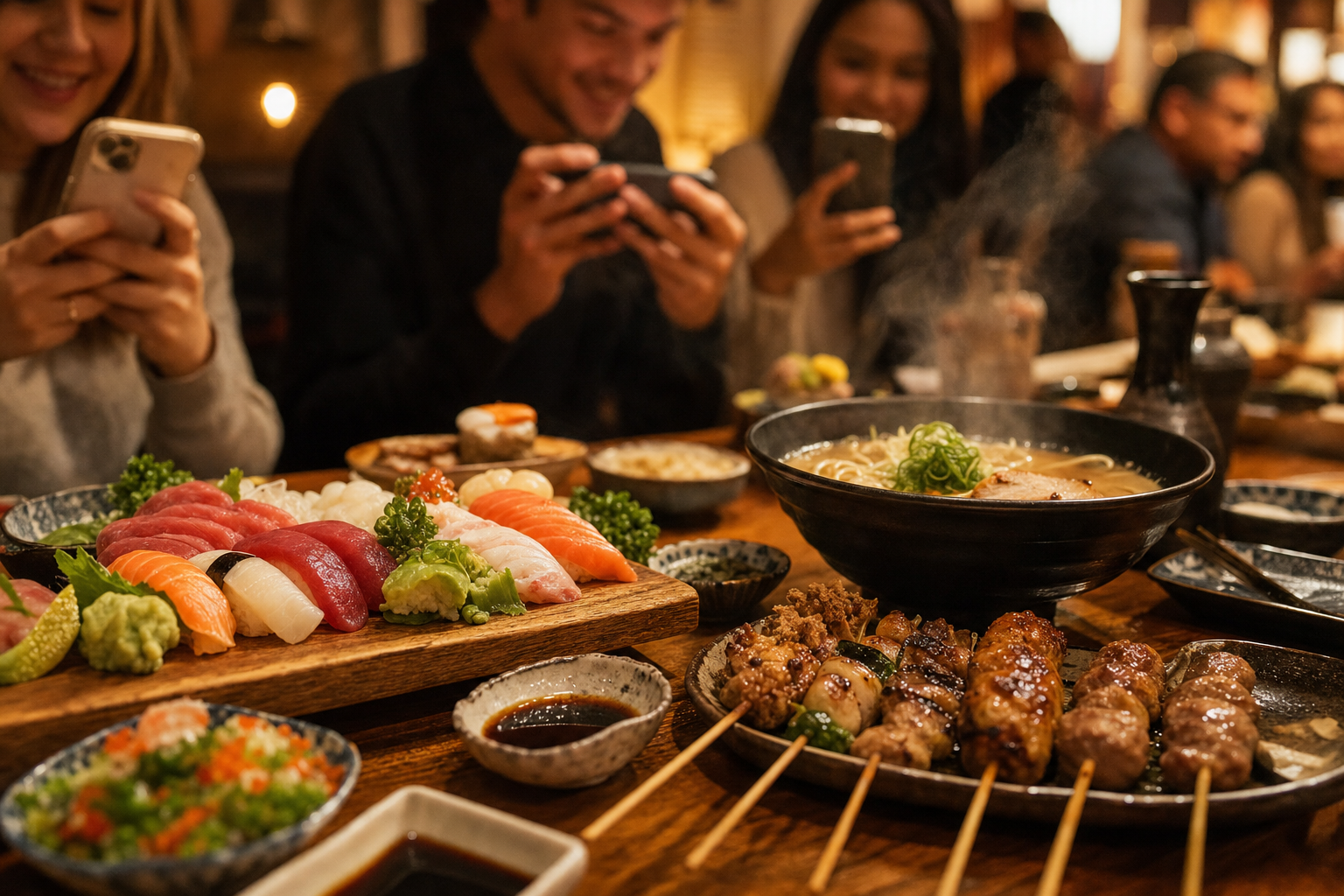 料理を囲みスマホで撮影する外国人客のイメージ