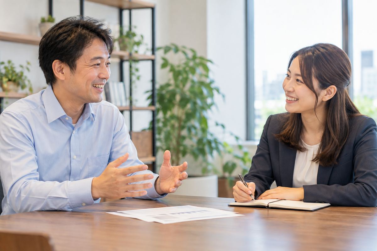 専任担当者が企業の担当者と話している様子